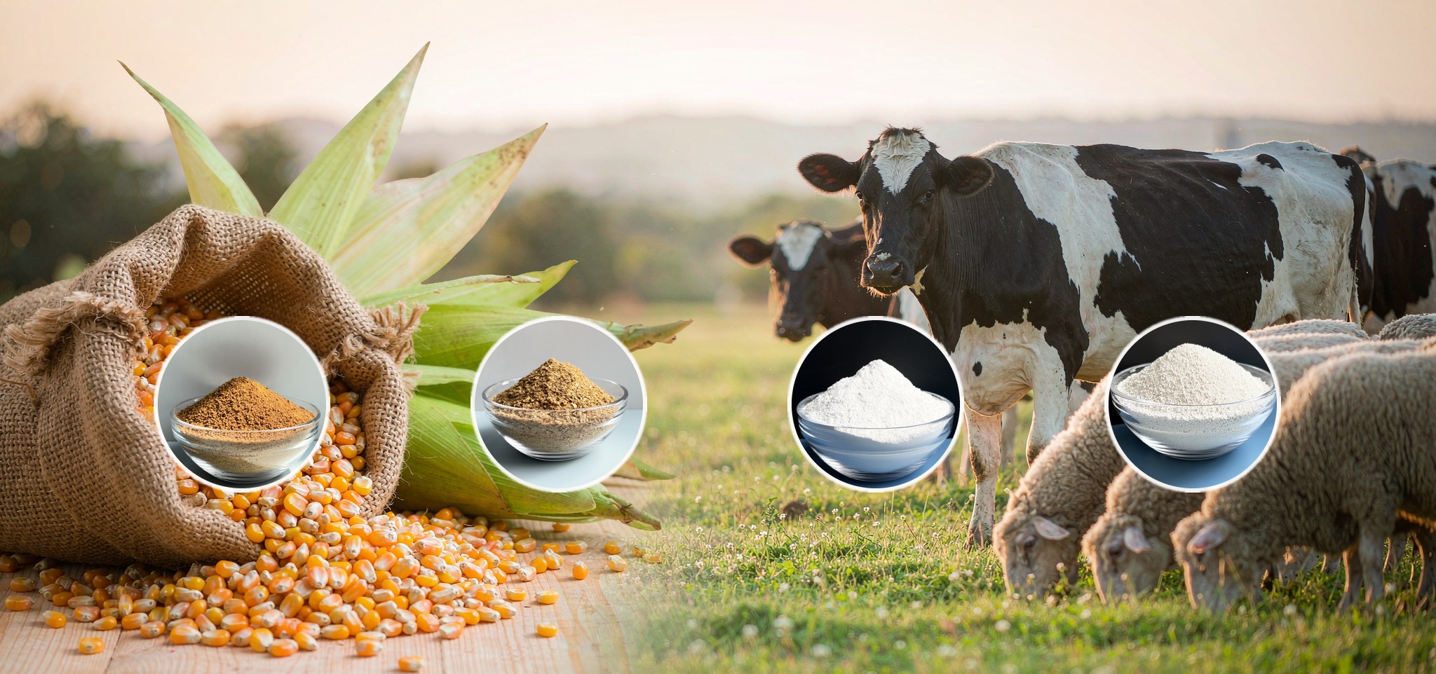 Corn cobs and corn kernels with a dairy cow and sheep - corn gluten meal and corn gluten feed from China