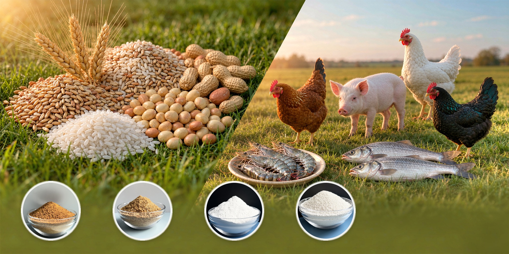 Corn cobs, corn kernels, wheat, paddy rice, soybeans and peanuts with laying hens, a piglet, raw prawns and fresh fish - feed ingredients and our four core products