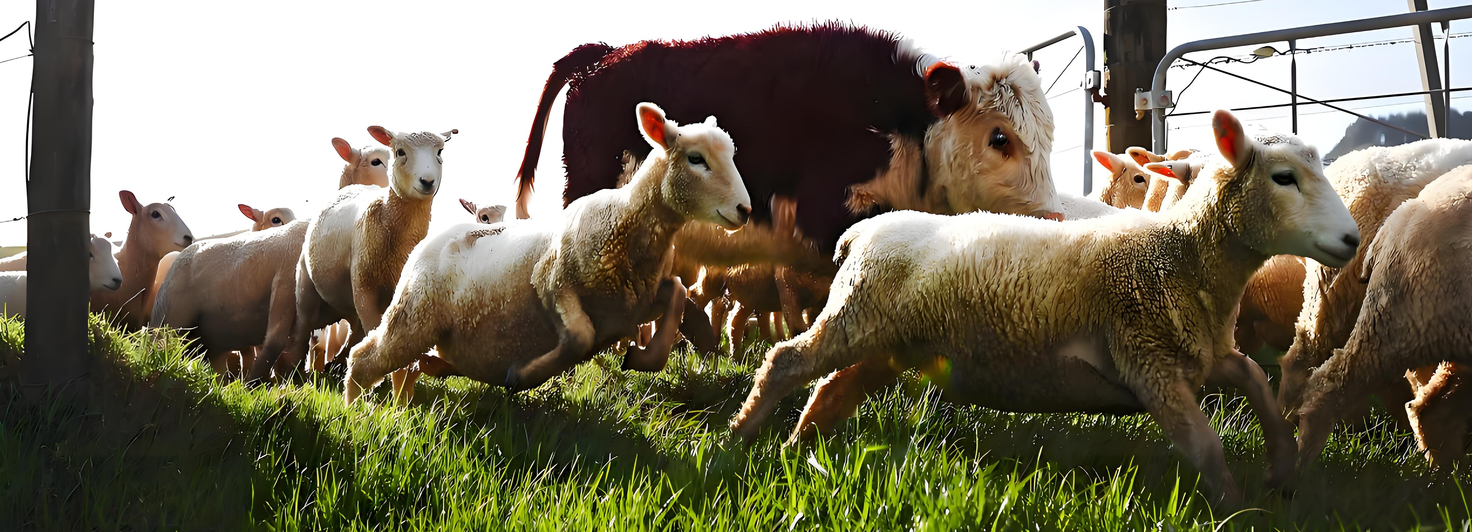 Wheat ears, paddy rice, white rice, soybeans and peanuts on pasture grass, with three laying hens, a piglet, fresh fish and raw prawns - feed ingredients and our four core products